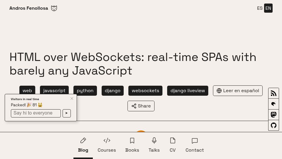 Screenshot of en.andros.dev: HTML over WebSockets: real-time SPAs with barely any JavaScript