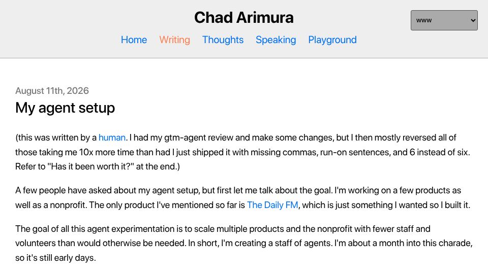 Screenshot of chad.cm: My Agent Setup
