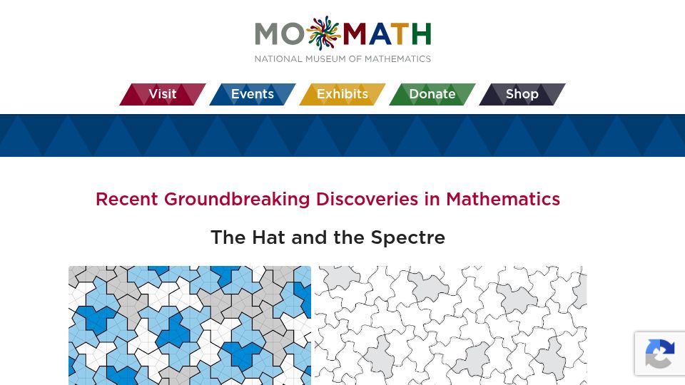 Screenshot of momath.org: The Hat and the Spectre – Recent Groundbreaking Discoveries in Mathematics