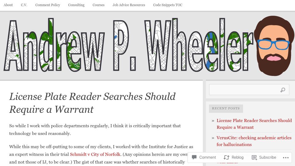 Screenshot of andrewpwheeler.com: License plate reader searches should require a warrant