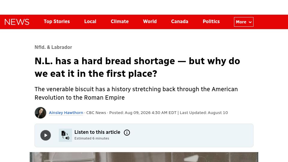 Screenshot of cbc.ca: Newfoundland has a hard bread shortage, but why do they eat it?