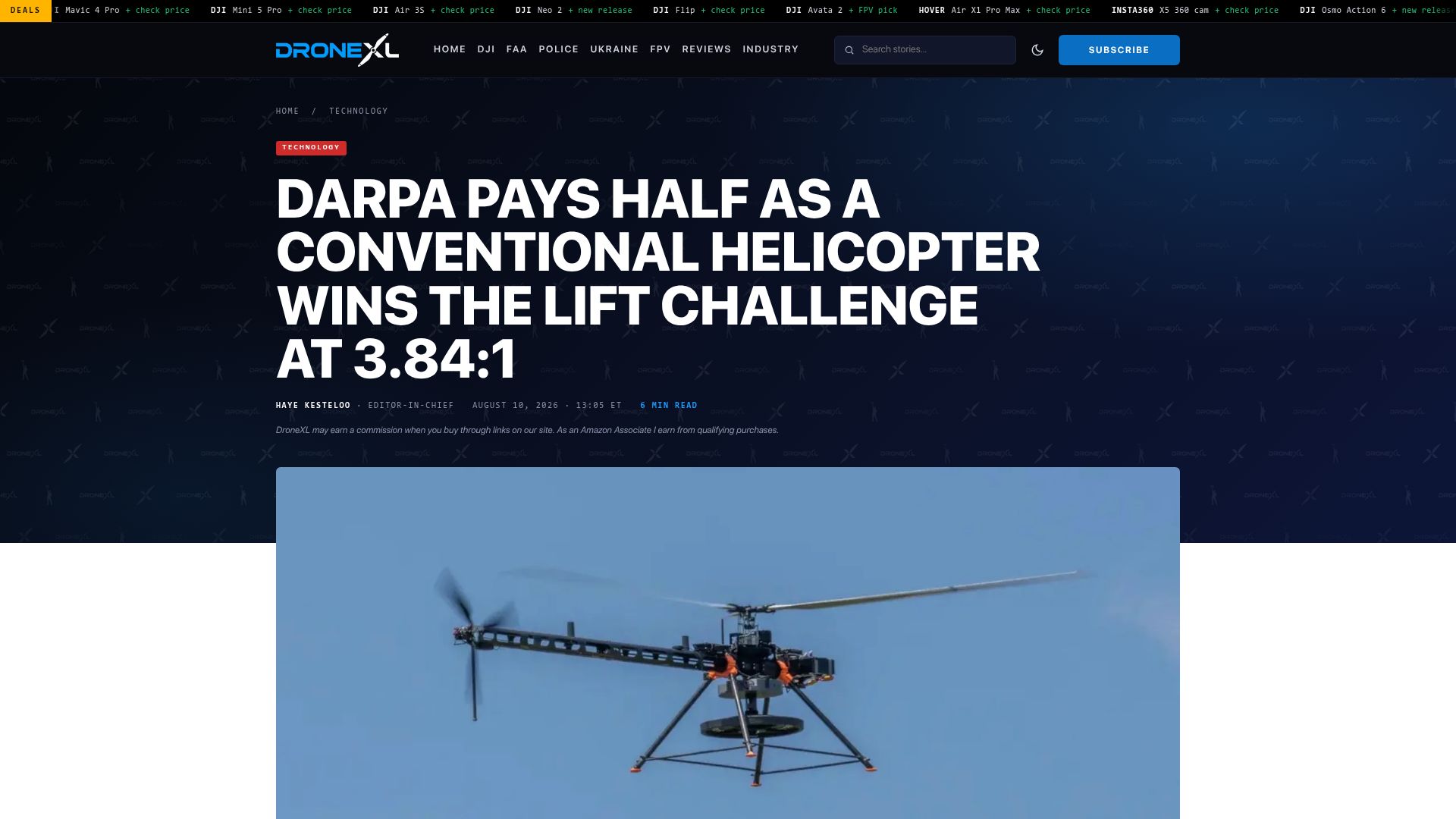 Screenshot of dronexl.co: DARPA heavy lift challenge ends with winner at a 3.84:1 payload to weight ratio