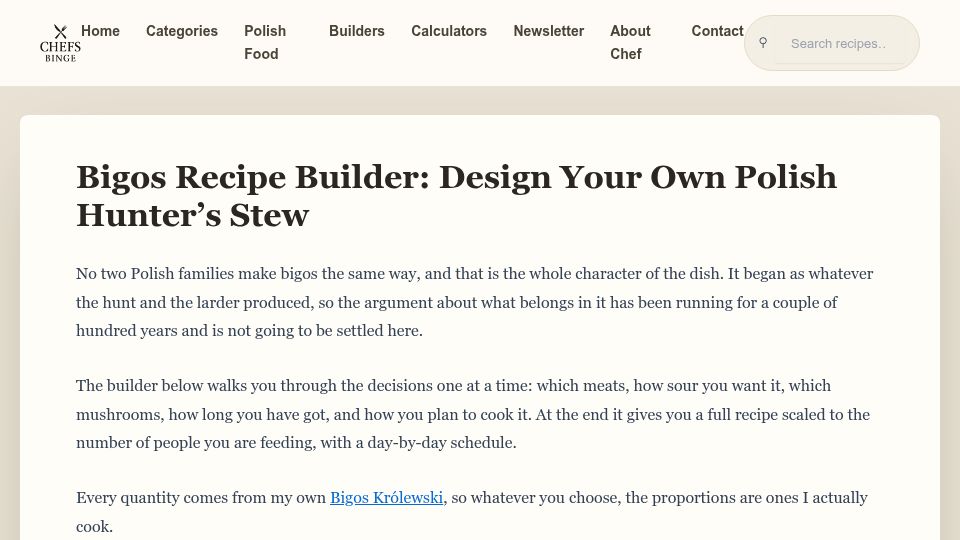 Screenshot of chefsbinge.com: Bigos (Polish Hunter's Stew) Recipe Builder
