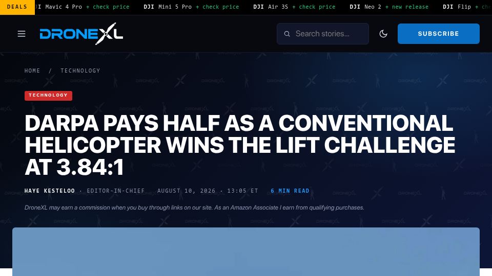 Screenshot of dronexl.co: DARPA heavy lift challenge ends with winner at a 3.84:1 payload to weight ratio