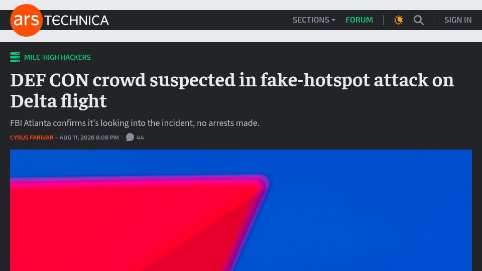 Screenshot of arstechnica.com: DEF CON crowd suspected in fake-hotspot attack on Delta flight