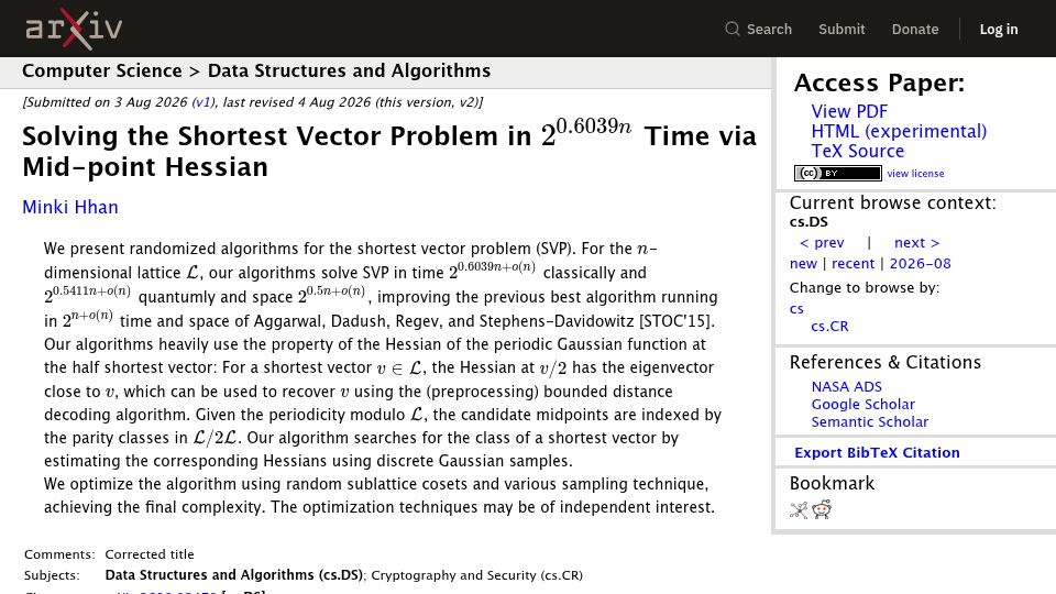 Screenshot of arxiv.org: Solving the Shortest Vector Problem in $2^{0.6039n}$ Time via Mid-Point Hessian