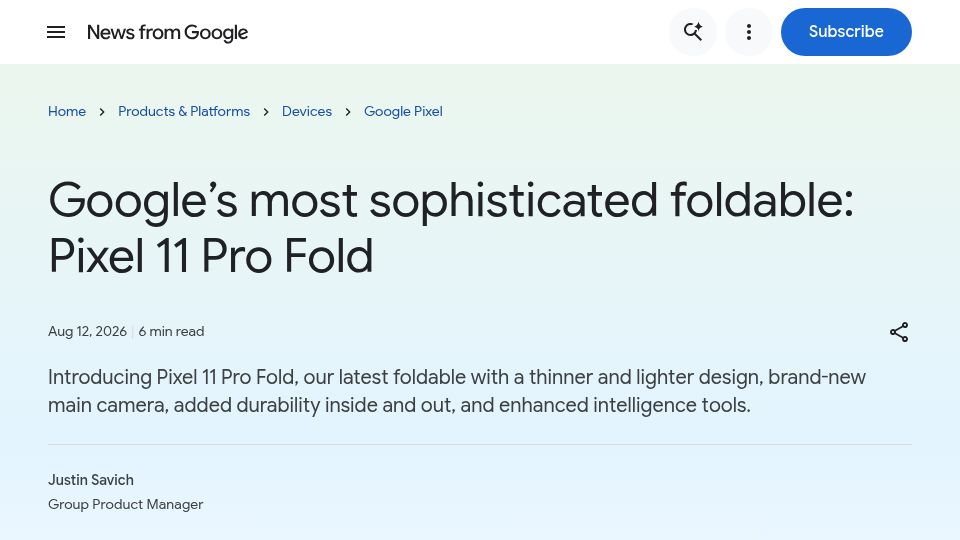 Screenshot of blog.google: Pixel 11 Pro Fold