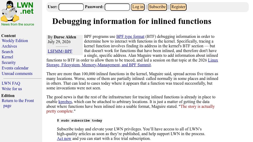 Screenshot of lwn.net: Debugging Information for Inlined Functions