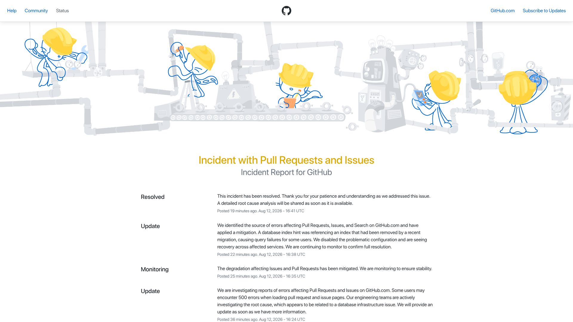 Screenshot of githubstatus.com: Wednesday, August 12: GitHub, Incident with Pull Requests and Issues