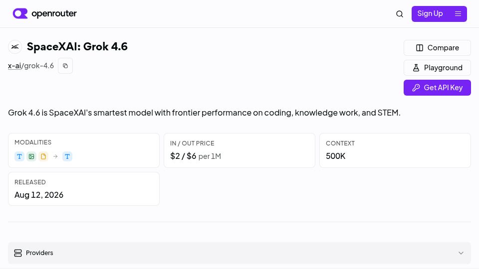 Screenshot of openrouter.ai: SpaceXAI: Grok 4.6