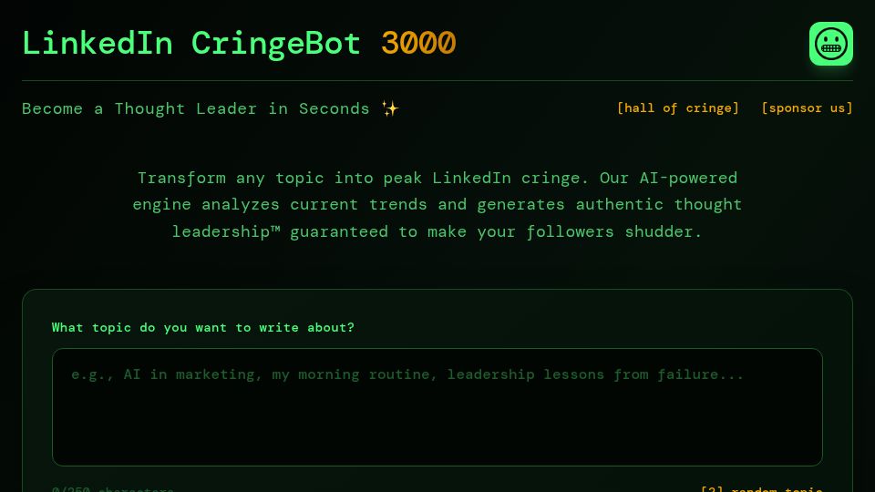 Screenshot of cringebot3000.com: LinkedIn CringeBot 3000