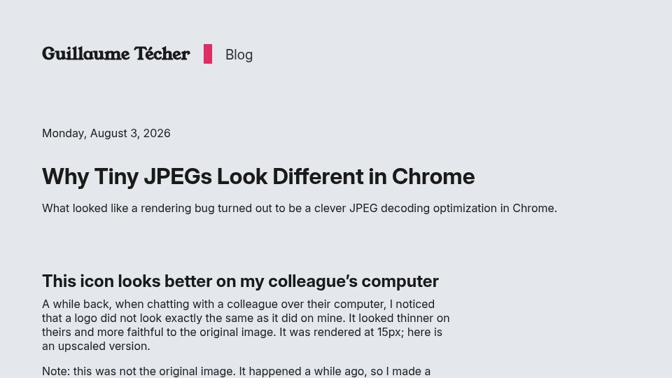 Screenshot of guillaumetech.github.io: Why tiny JPEGs look different in Chrome