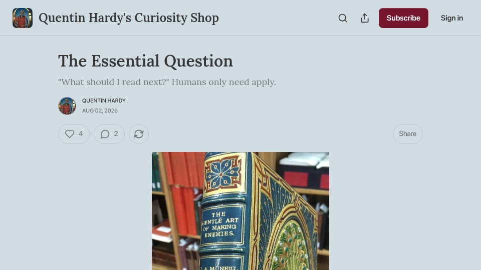 Screenshot of thenewcuriosityshop.substack.com: The Essential Question: “What should I read next?”