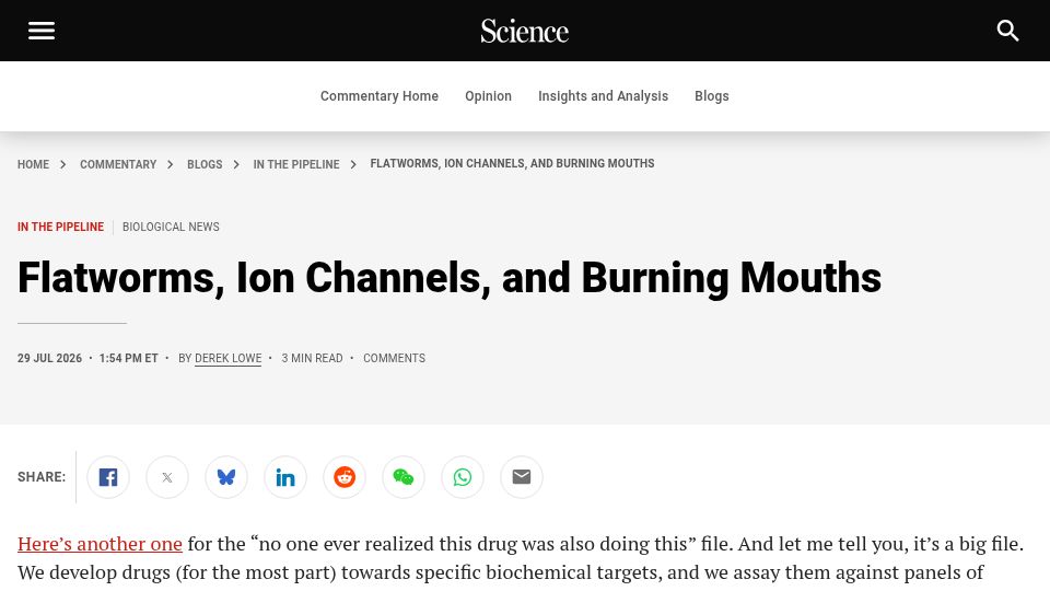 Screenshot of science.org: Flatworms, Ion Channels, and Burning Mouths