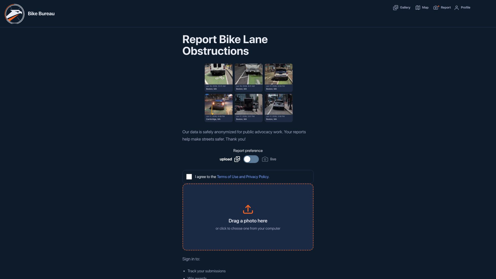 Screenshot of loudbicycle.com: Bike Bureau: Report Bike Lane Obstructions