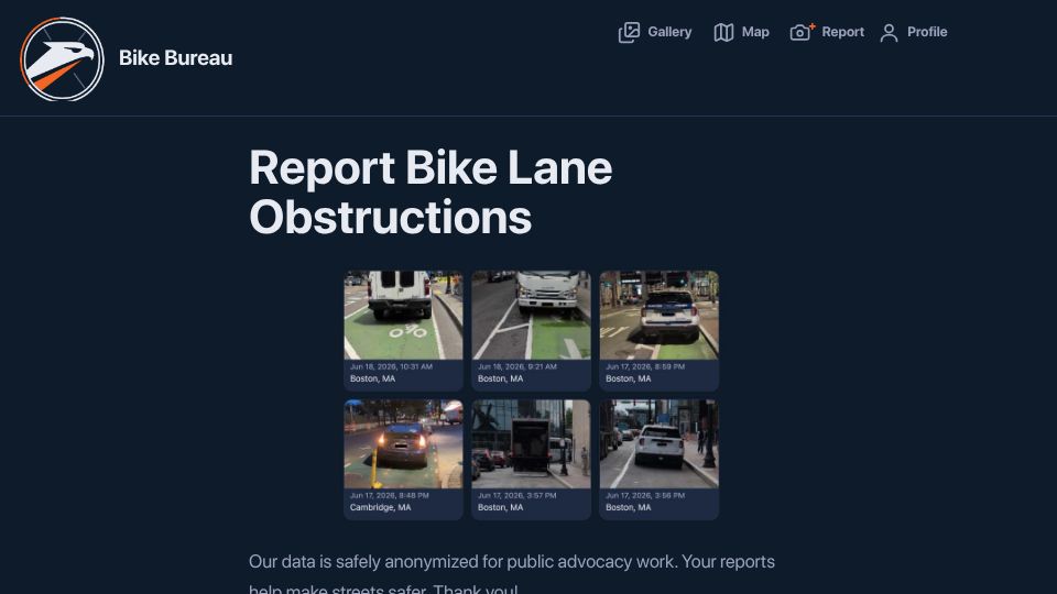 Screenshot of loudbicycle.com: Bike Bureau: Report Bike Lane Obstructions