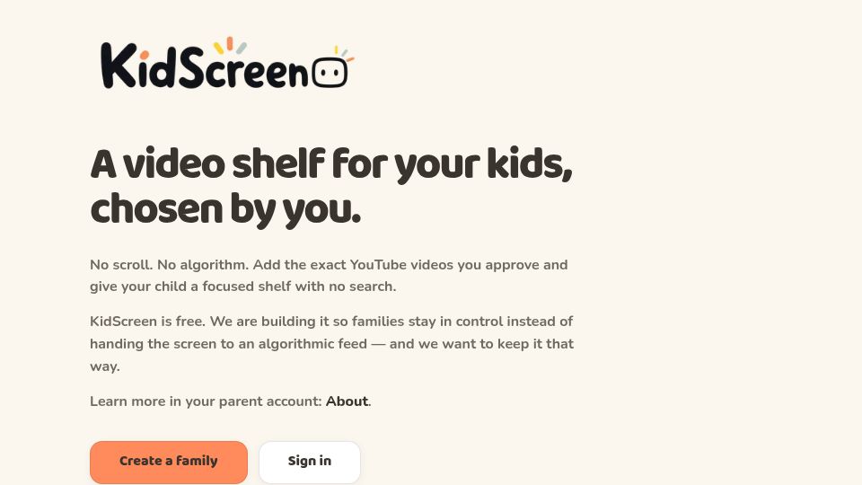 Screenshot of kidscreen.app: Show HN: KidScreen, a finite YouTube shelf chosen by parents