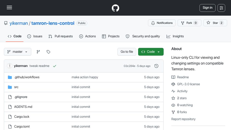 Screenshot of github.com: Show HN: Tamron Lens Utility Alternative on Linux