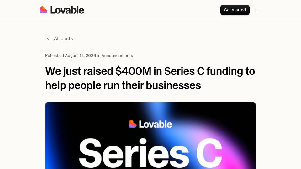 Screenshot of lovable.dev: Lovable raises $400M Series C