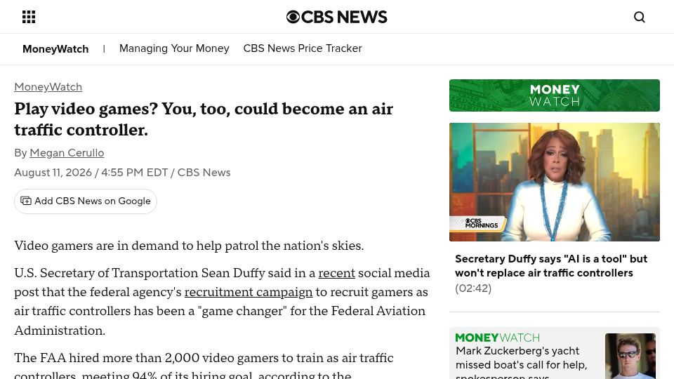 Screenshot of cbsnews.com: US hires over 2k video gamers as air traffic controllers
