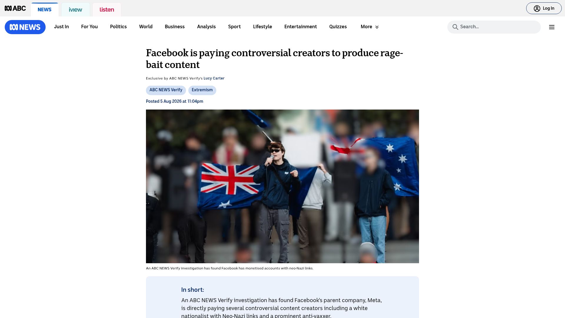 Screenshot of abc.net.au: Controversial creators are benefiting from monetization programs run by Meta