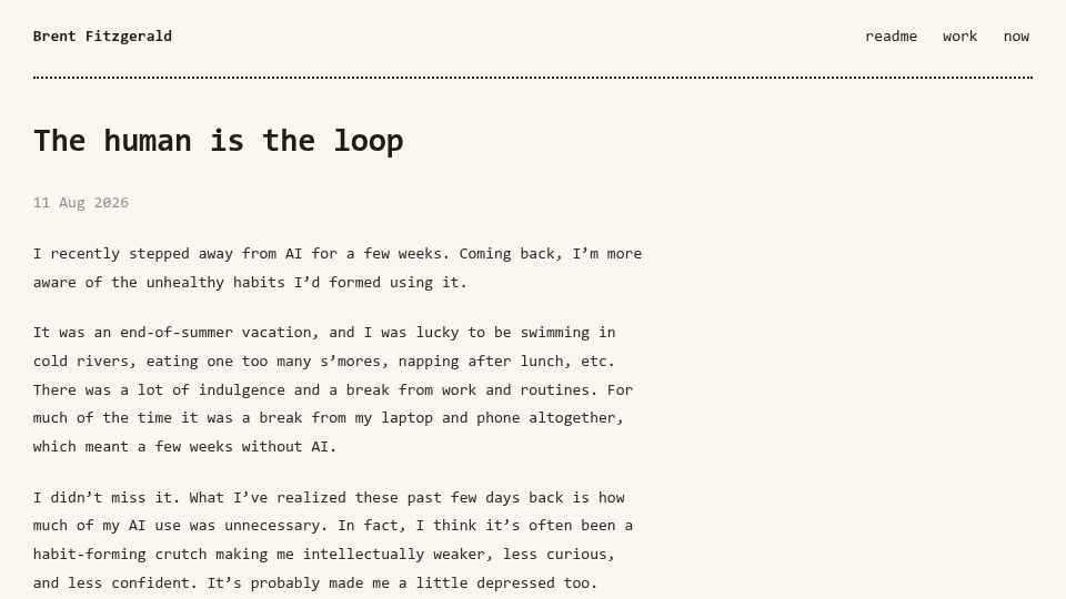 Screenshot of brentfitzgerald.com: The Human Is the Loop