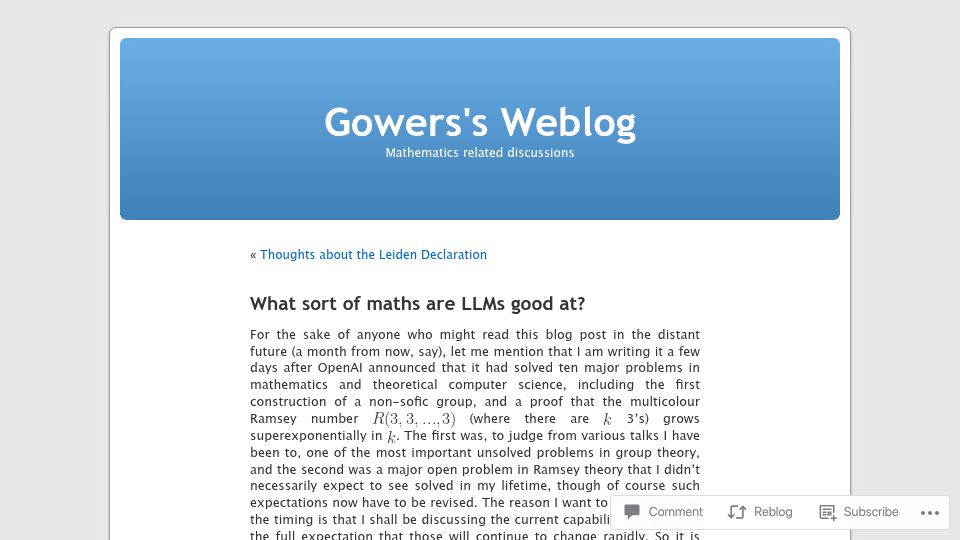 Screenshot of gowers.wordpress.com: What sort of maths are LLMs good at?