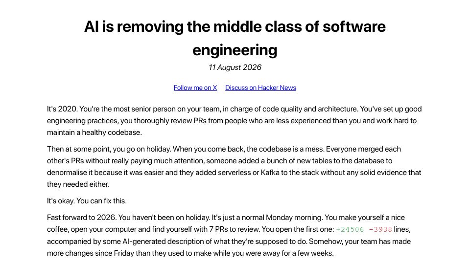 Screenshot of blog.florianherrengt.com: AI is removing the middle class of software engineering?