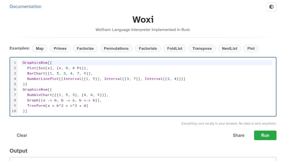 Screenshot of woxi.ad-si.com: Show HN: Woxi - Open-source Mathematica / Wolfram Language reimplementation
