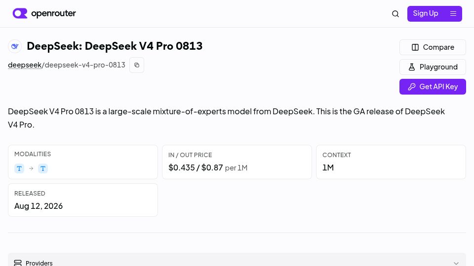 Screenshot of openrouter.ai: DeepSeek V4 Pro 0813