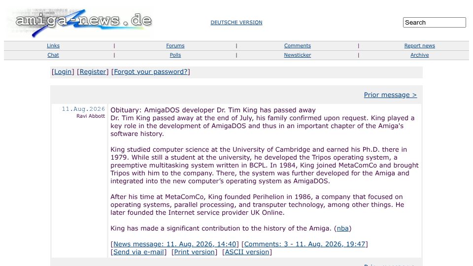Screenshot of amiga-news.de: Tim King, AmigaDOS developer, has died