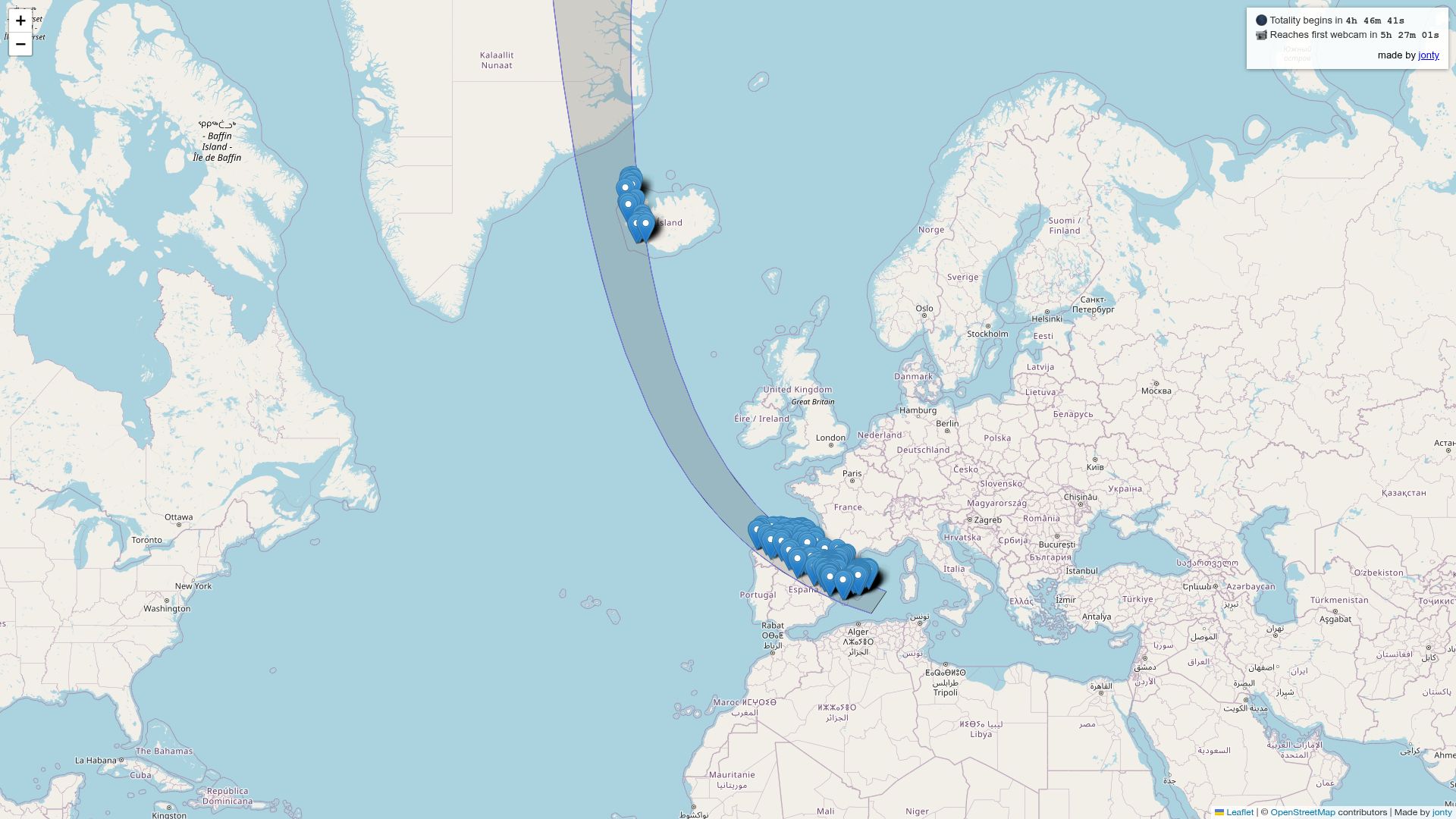 Screenshot of jonty.github.io: 2026 Eclipse Webcams