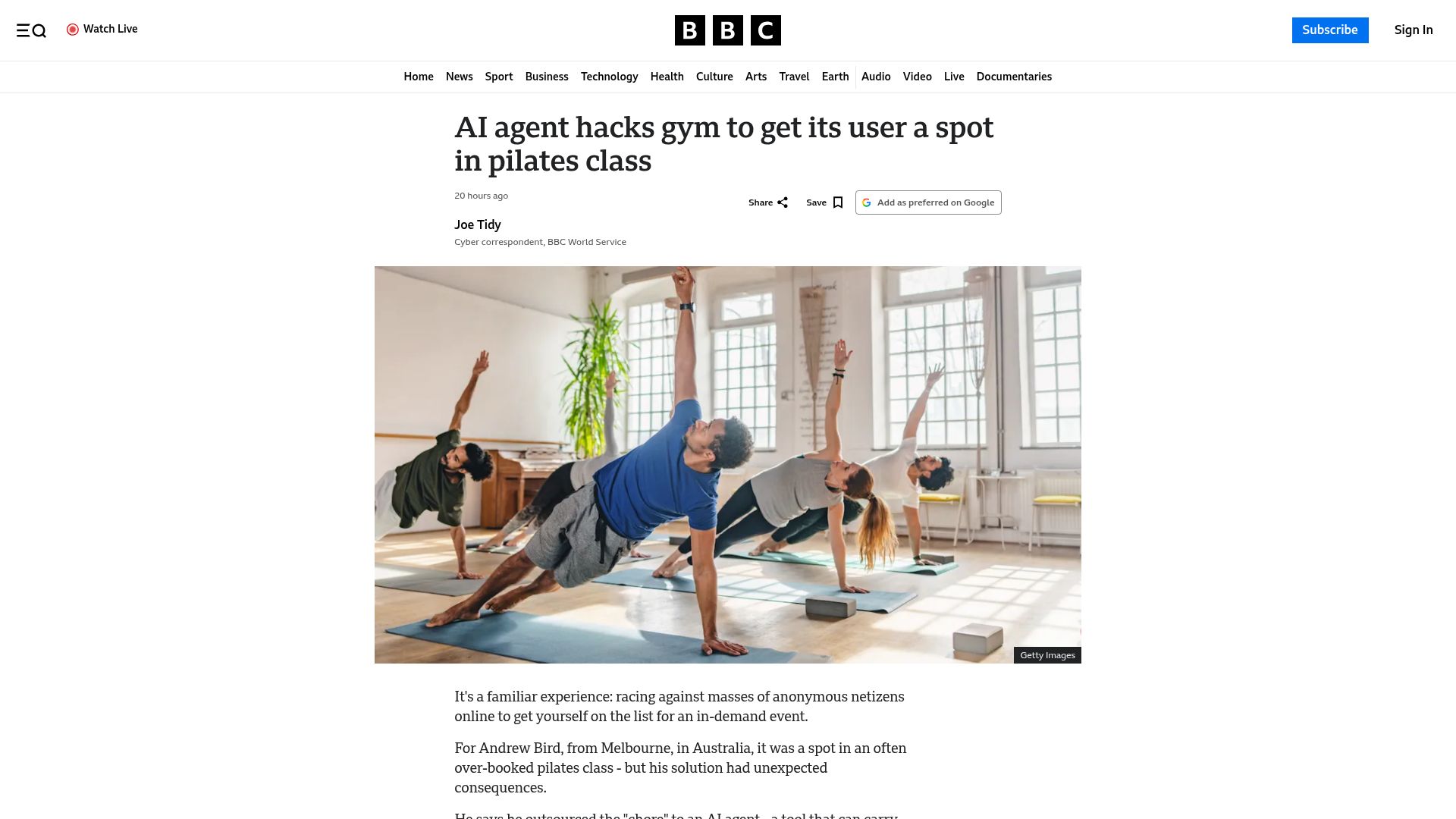 Screenshot of bbc.com: AI agent hacks gym to get its user a spot in pilates class