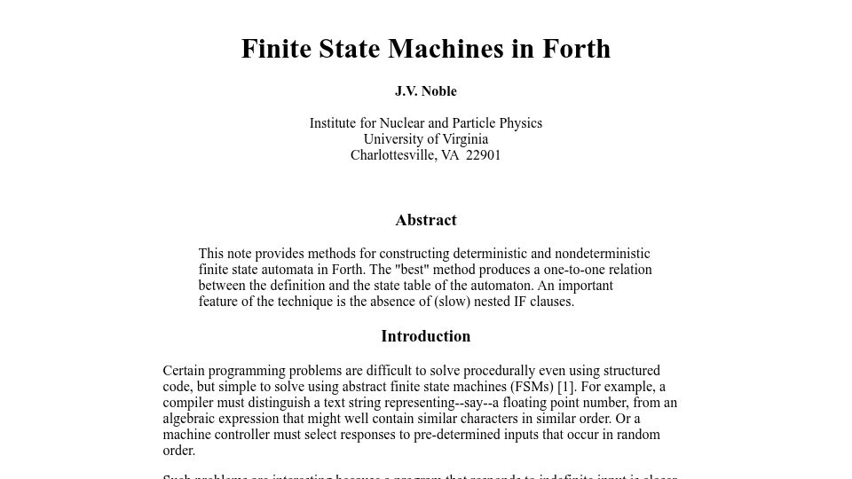Screenshot of forth.org: Finite State Machines in Forth (1994)