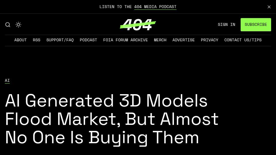 Screenshot of 404media.co: AI Generated 3D Models Flood Market, but Almost No One Is Buying Them
