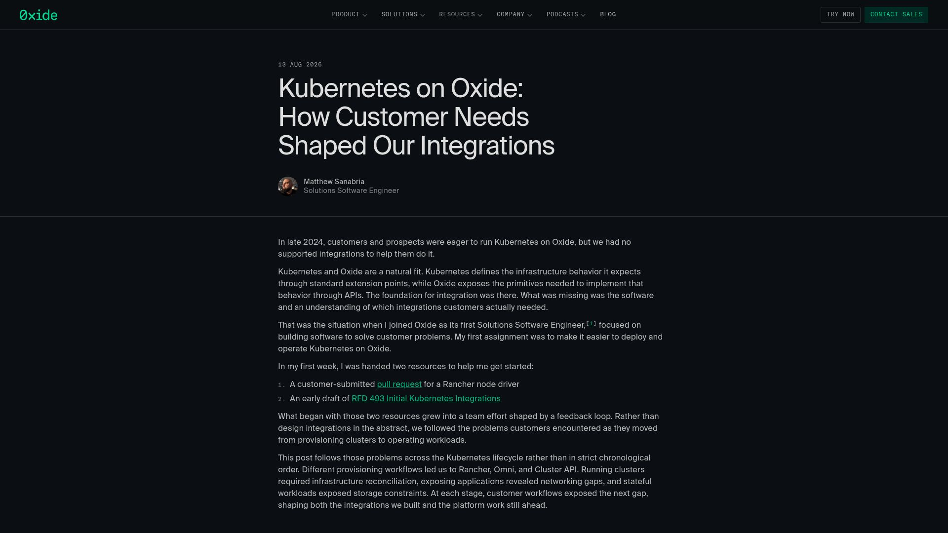 Screenshot of oxide.computer: Kubernetes on Oxide: How customer needs shaped our integrations