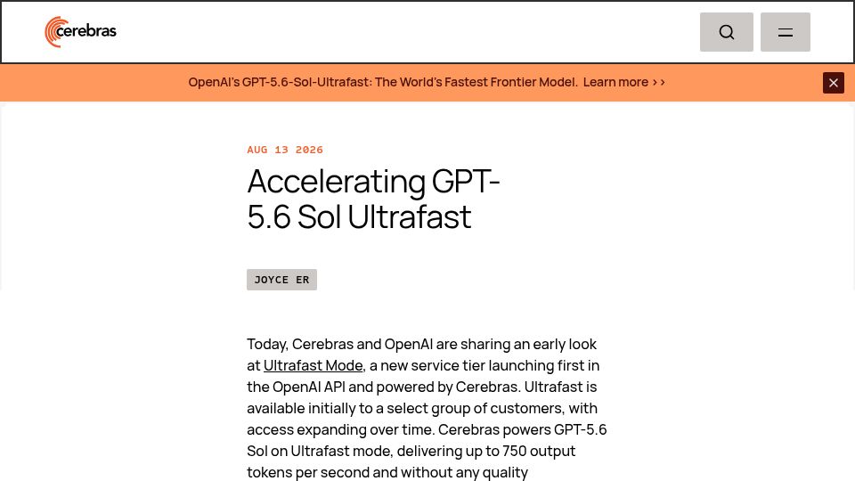 Screenshot of cerebras.ai: Accelerating GPT-5.6 Sol Ultrafast