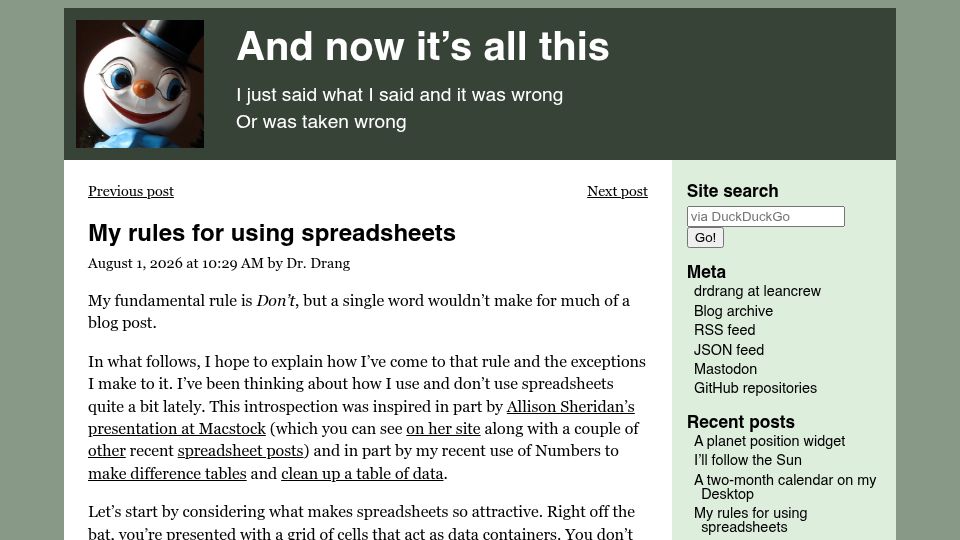 Screenshot of leancrew.com: My Rules for Using Spreadsheets