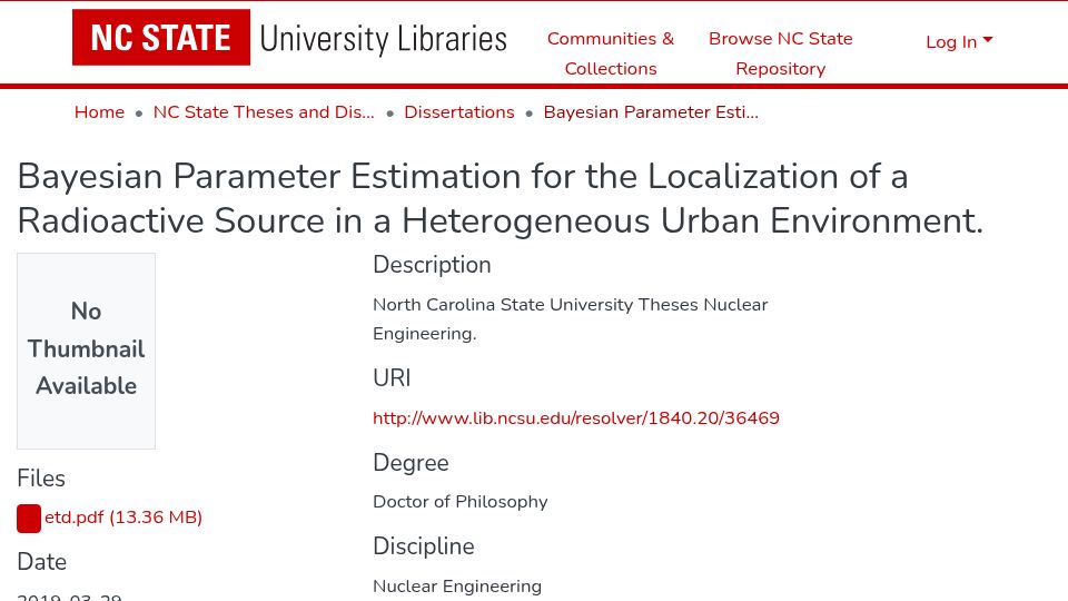 Screenshot of repository.lib.ncsu.edu: Locating an unknown source of radiation in a heterogeneous environment (2019)
