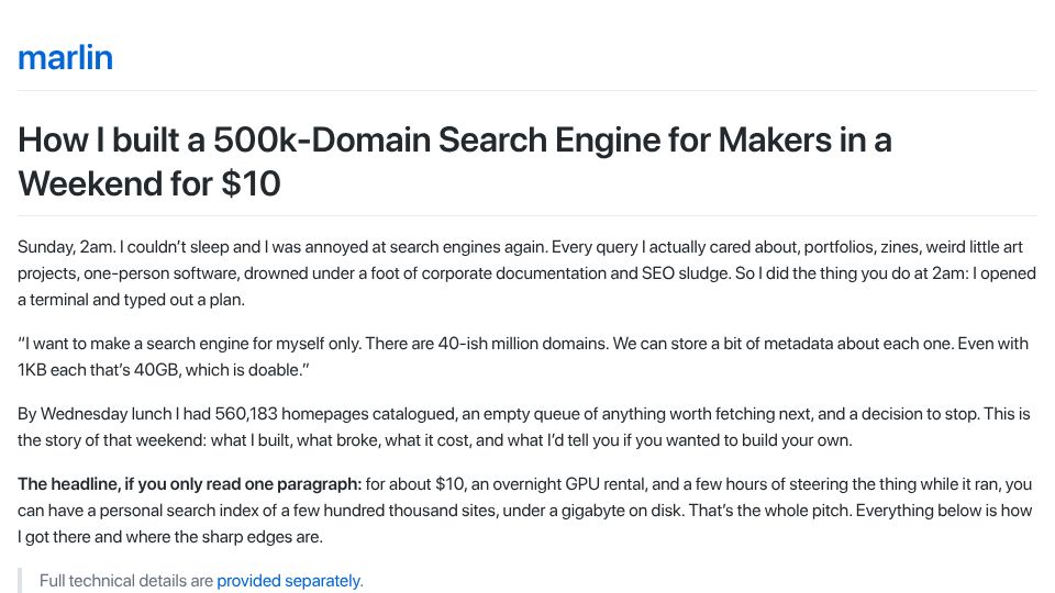 Screenshot of alexmorleyfinch.github.io: I built a 500k-domain search engine for makers in a weekend for $10