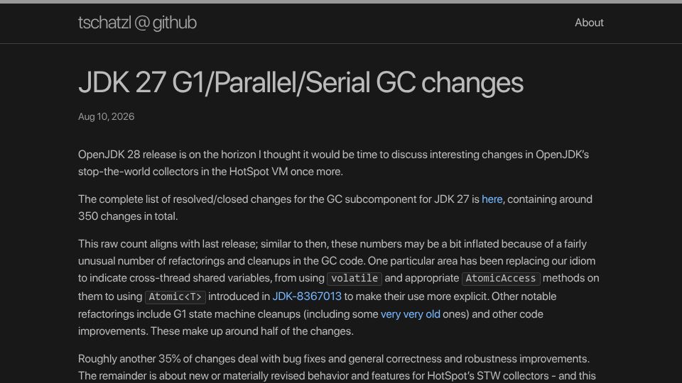Screenshot of tschatzl.github.io: JDK 27 G1/Parallel/Serial GC Changes