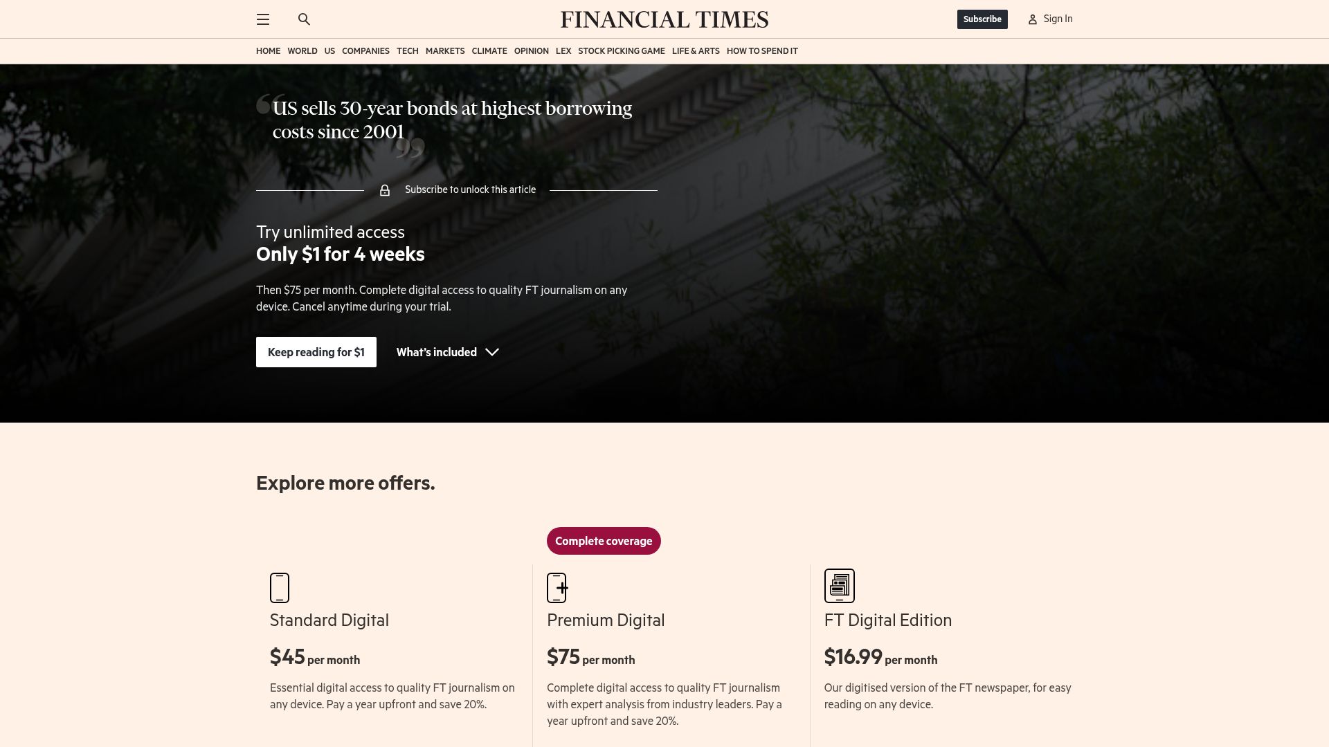 Screenshot of ft.com: US sells 30-year bonds at highest borrowing costs since 2001
