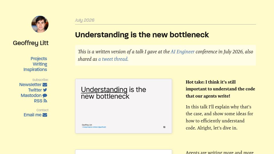 Screenshot of geoffreylitt.com: Understanding is the new bottleneck