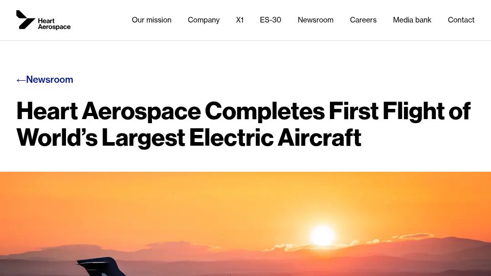 Screenshot of heartaerospace.com: Heart aerospace completes first flight of largest electric aircraft