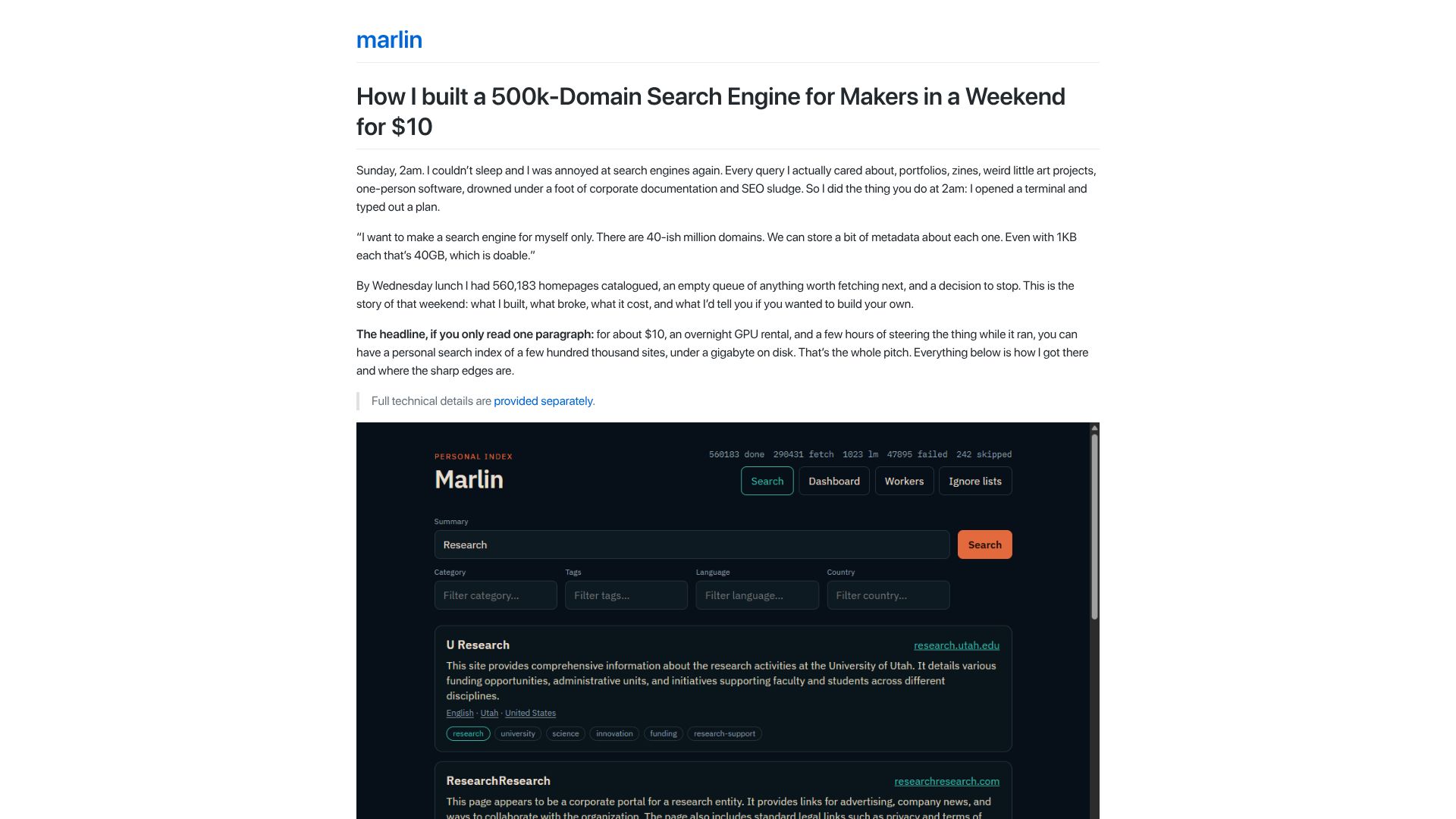 Screenshot of alexmorleyfinch.github.io: I built a 500k-domain search engine for makers in a weekend for $10