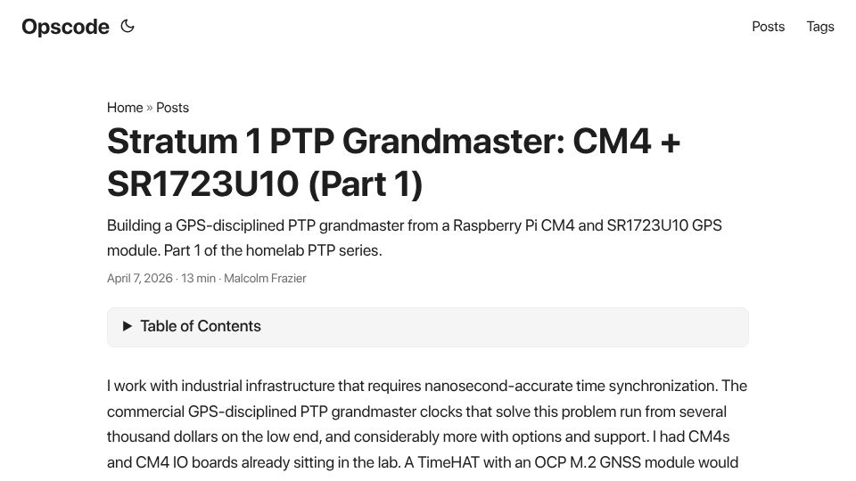 Screenshot of opscode.io: Build a Stratum 1 PTP Grandmaster on a Budget