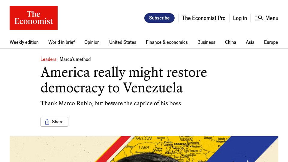 Screenshot of economist.com: America really might restore democracy to Venezuela