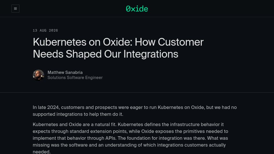 Screenshot of oxide.computer: Kubernetes on Oxide: How customer needs shaped our integrations