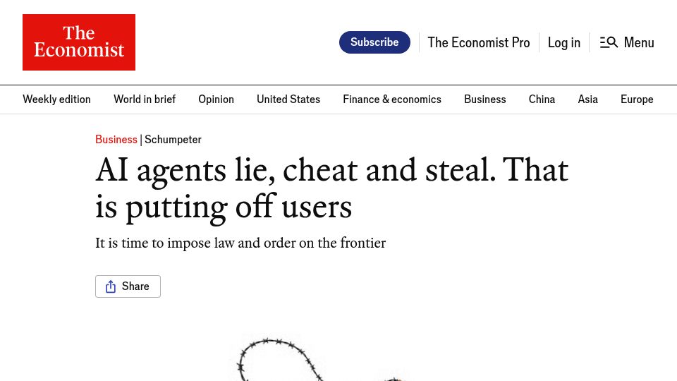 Screenshot of economist.com: AI agents lie, cheat and steal. That is putting off users