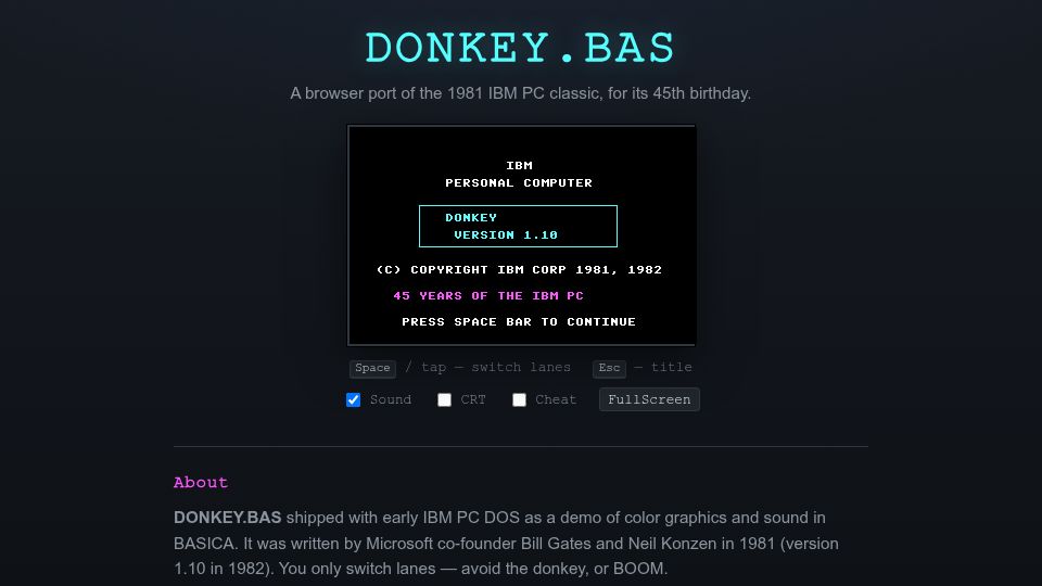 Screenshot of donkeybas.com: Donkey.bas is 45 Years Old – 131 line of Glory